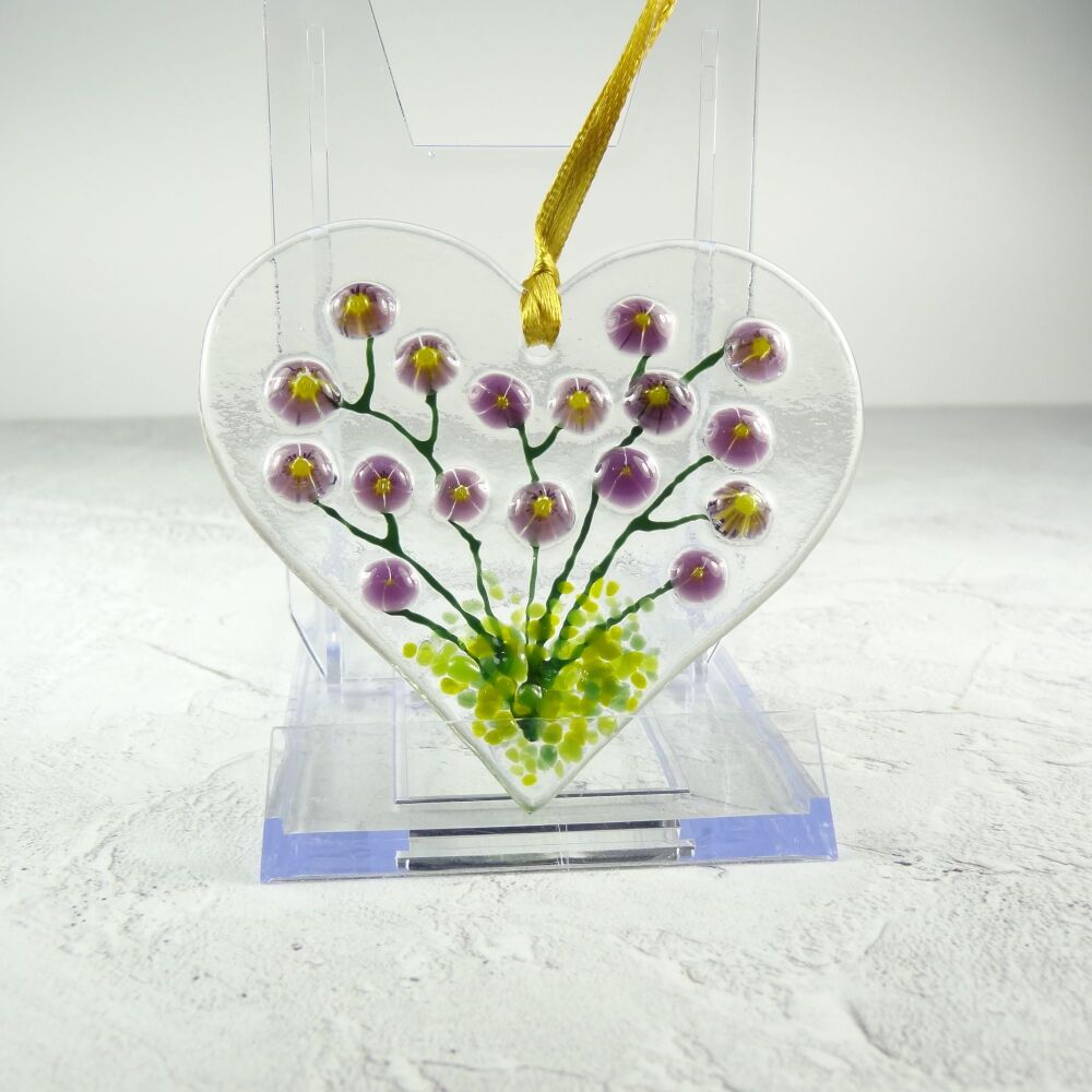 Purple floral heart shaped fused glass suncatcher, handcrafted - 8cm x 7cm (#0229)
