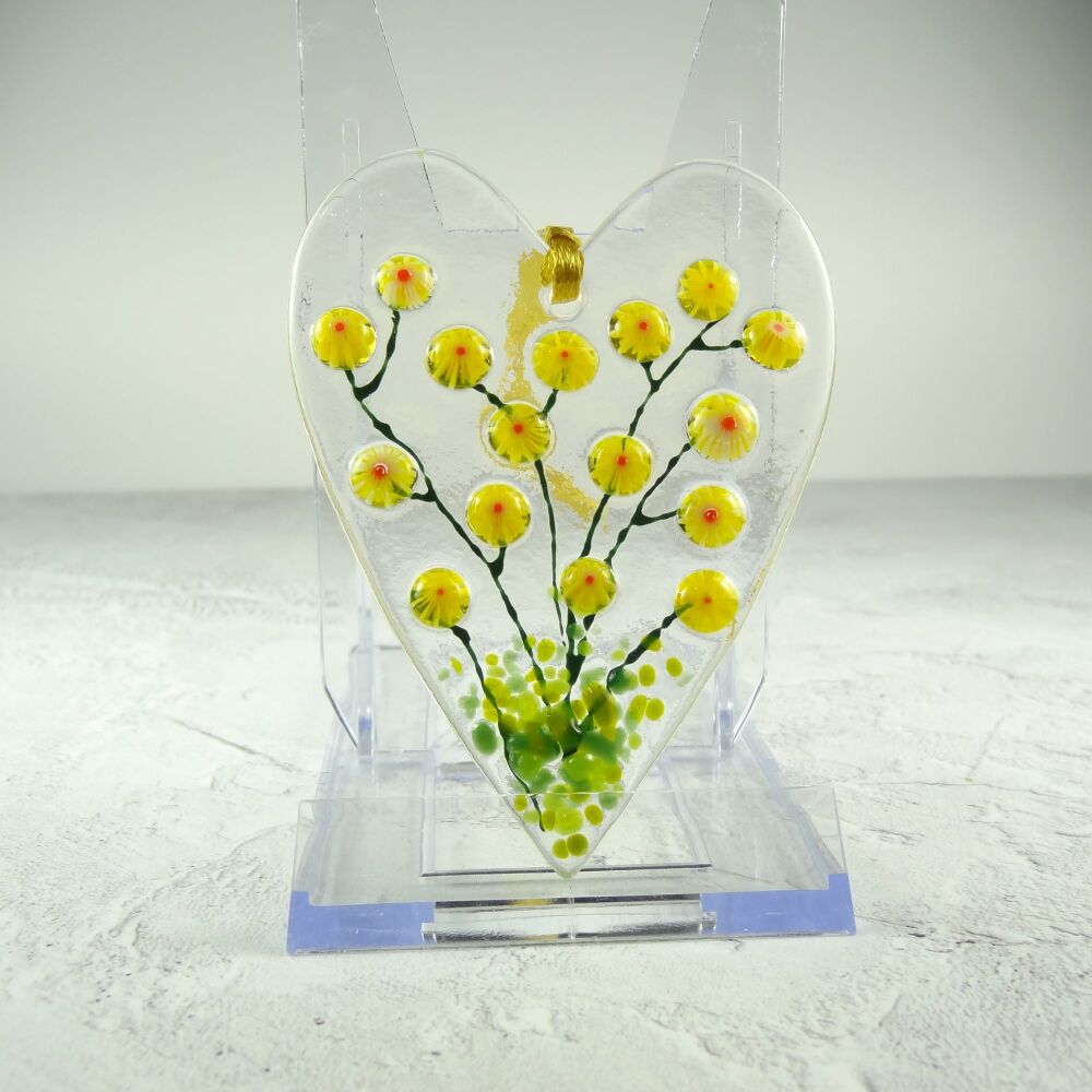 Yellow floral heart shaped fused glass suncatcher, handcrafted - 6.5cm x 9cm (#0232)
