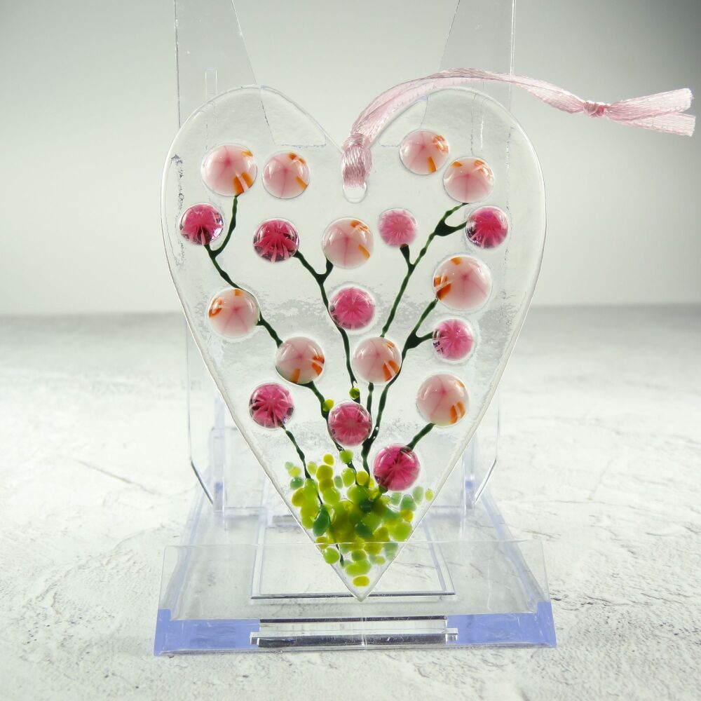 Pink floral heart shaped fused glass suncatcher, handcrafted - 6.5cm x 9cm (#0231)