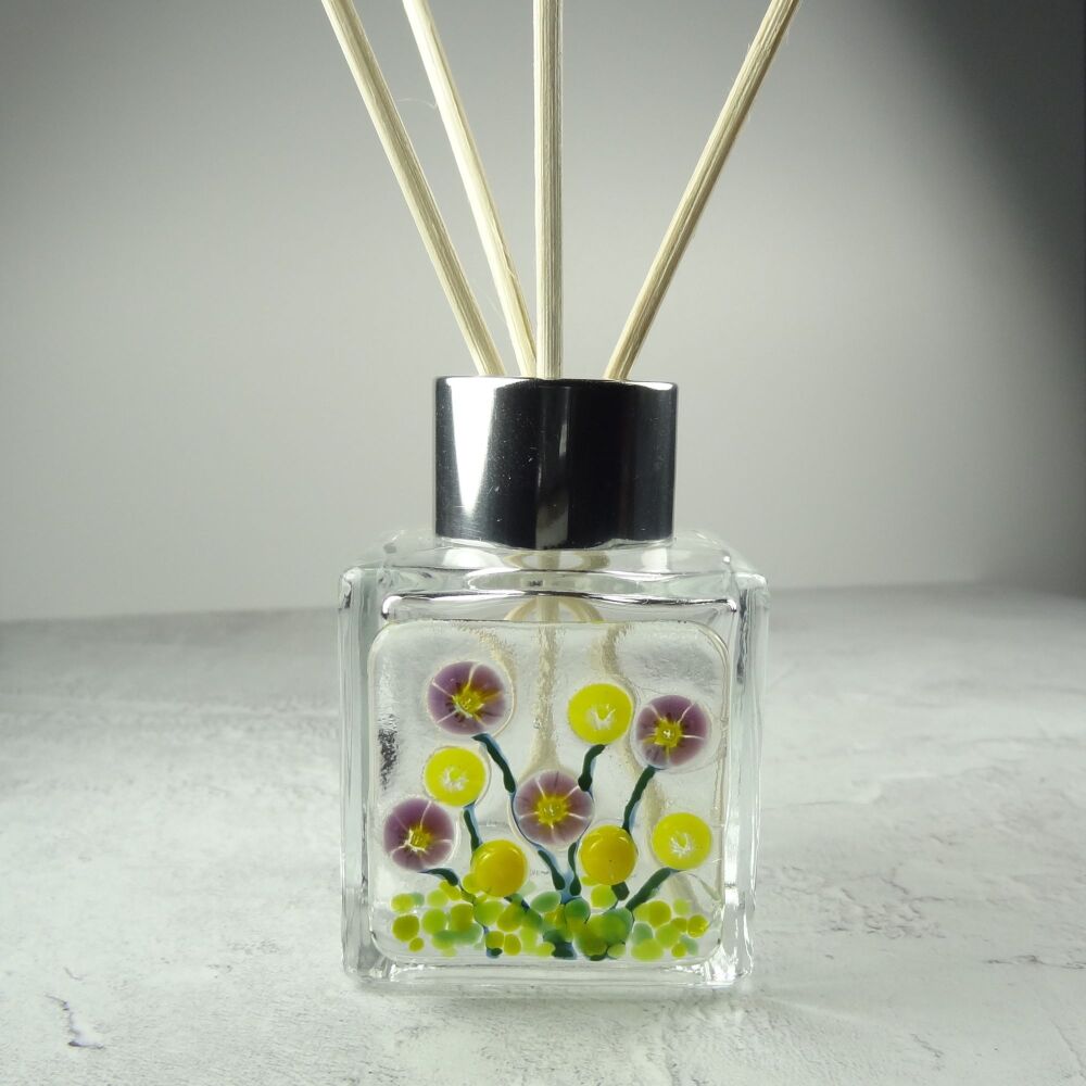 Handcrafted yellow & purple flowers fused glass reed diffuser &ndash; A unique gift with 4 reeds