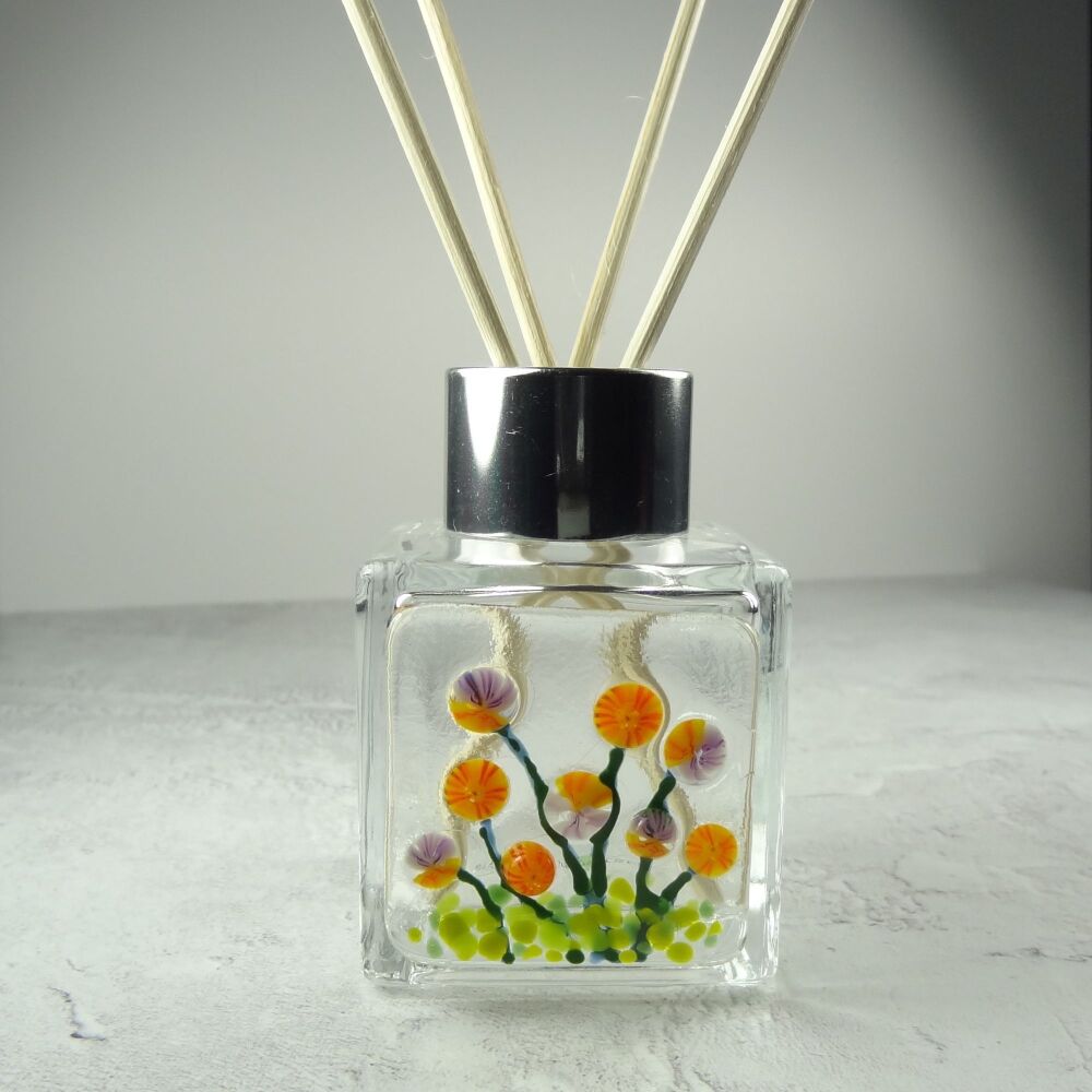 Handcrafted orange & purple flowers fused glass reed diffuser &ndash; A unique gift with 4 reeds