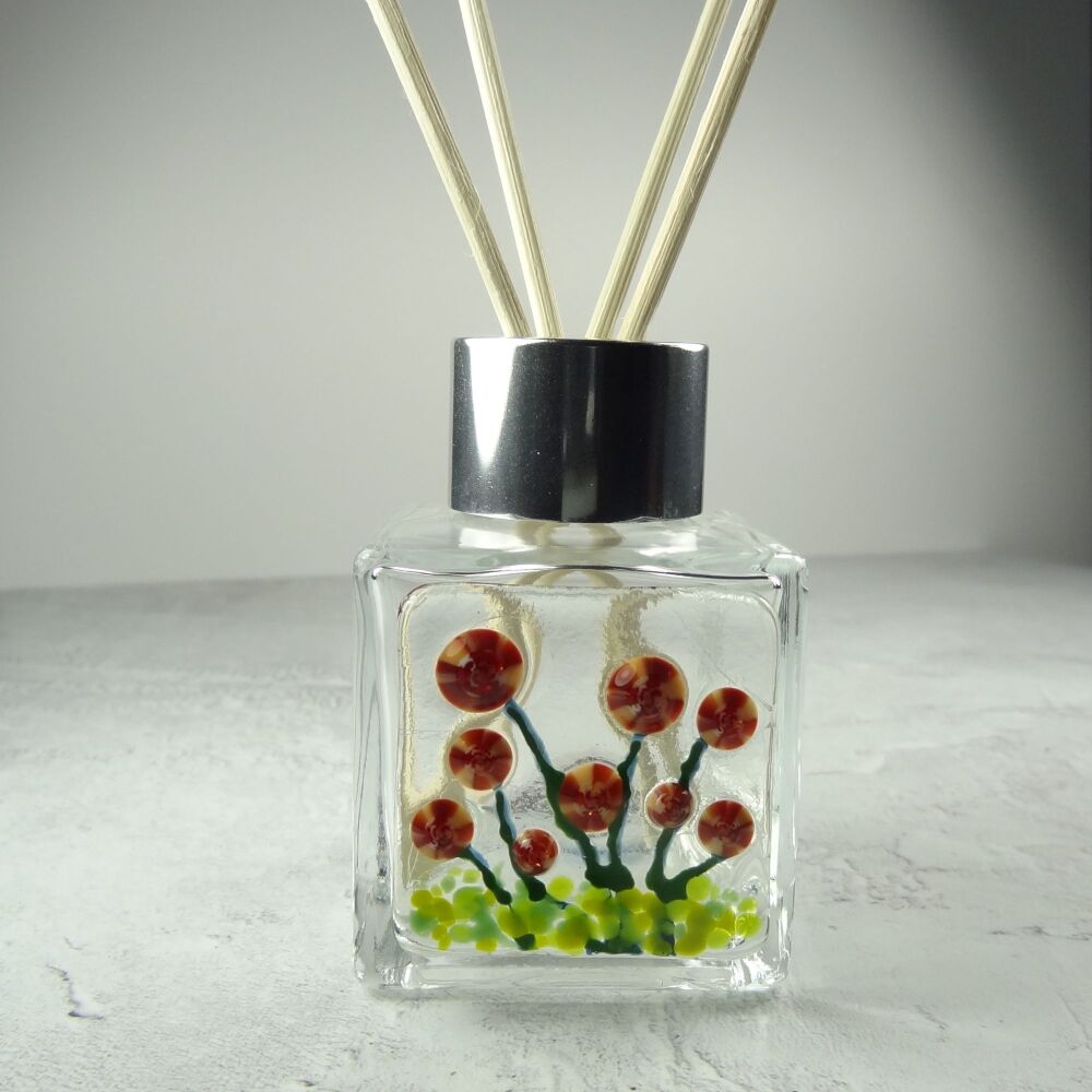 Handcrafted red flowers fused glass reed diffuser &ndash; A unique gift with 4 reeds (v.2)