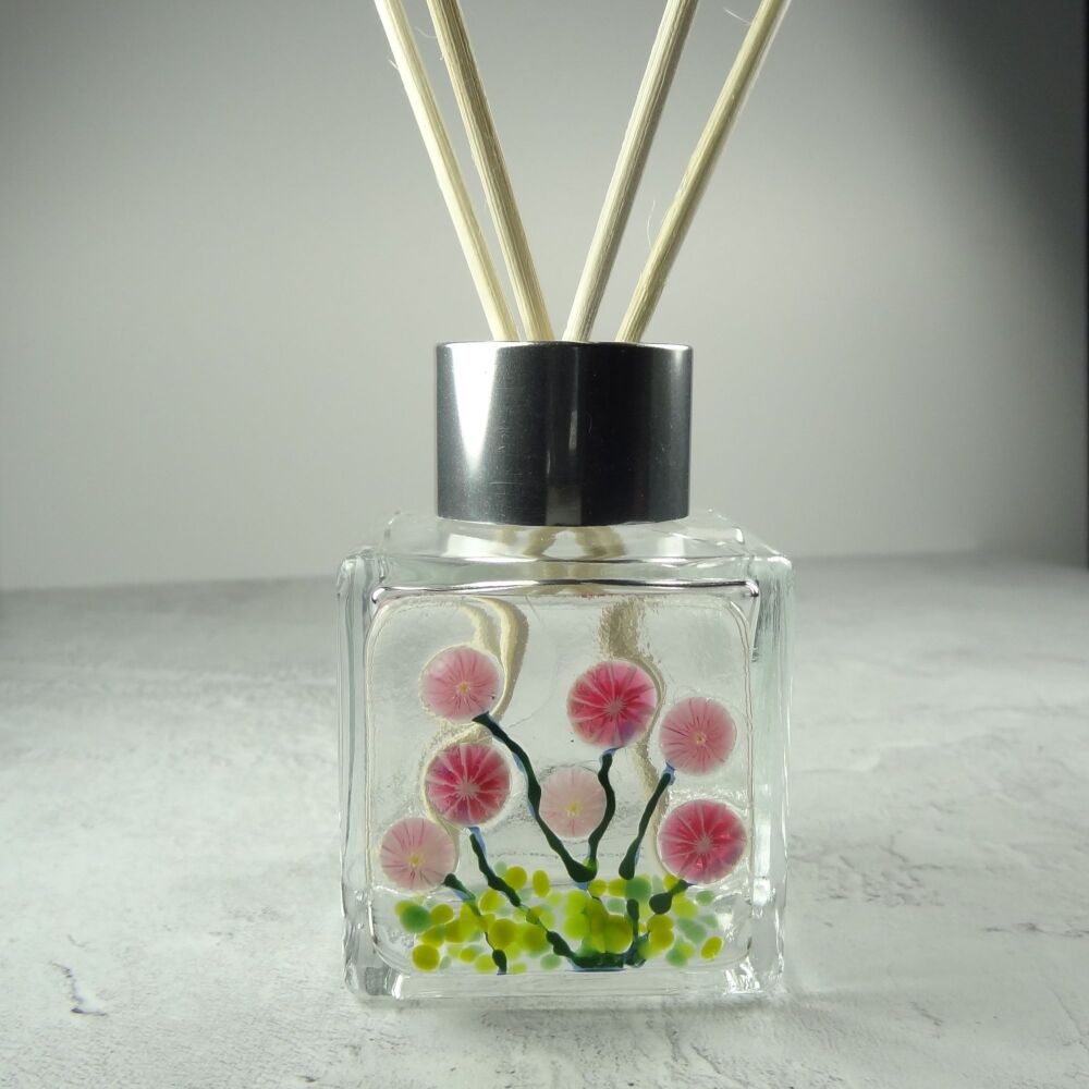 Handcrafted pink flowers fused glass reed diffuser &ndash; A unique gift with 4 reeds