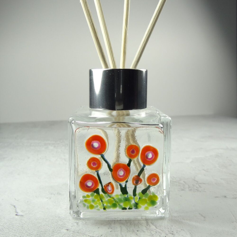 Handcrafted red flowers fused glass reed diffuser &ndash; A unique gift with 4 reeds (v.3)