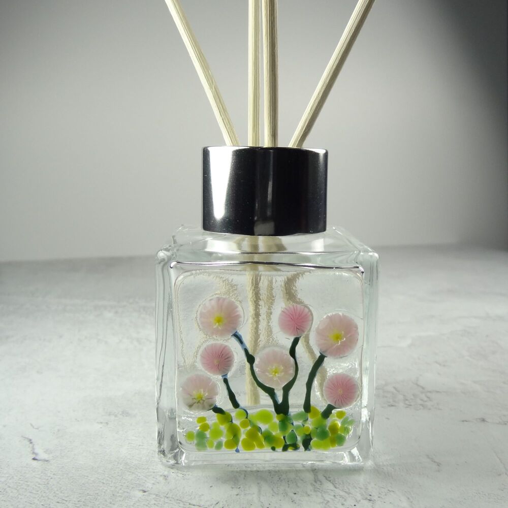Handcrafted pale pink flowers fused glass reed diffuser &ndash; A unique gift with 4 reeds