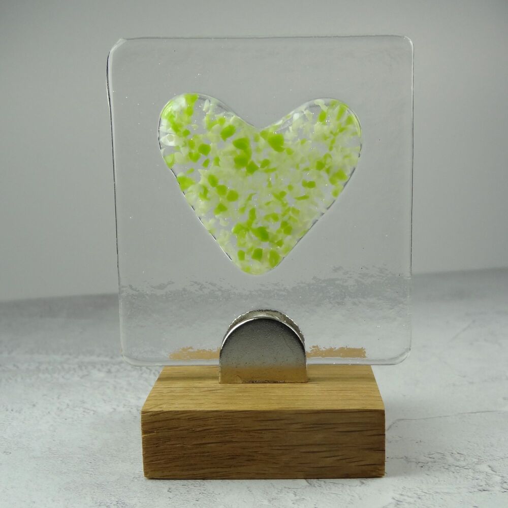 Handcrafted green heart fused glass picture in an oak stand &ndash; Unique gift
