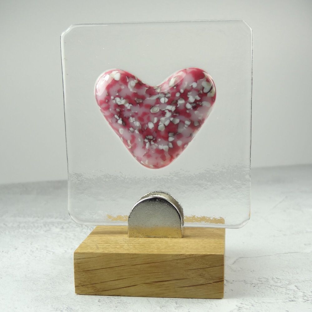 Handcrafted pink heart fused glass picture in Oak stand &ndash; A unique gift