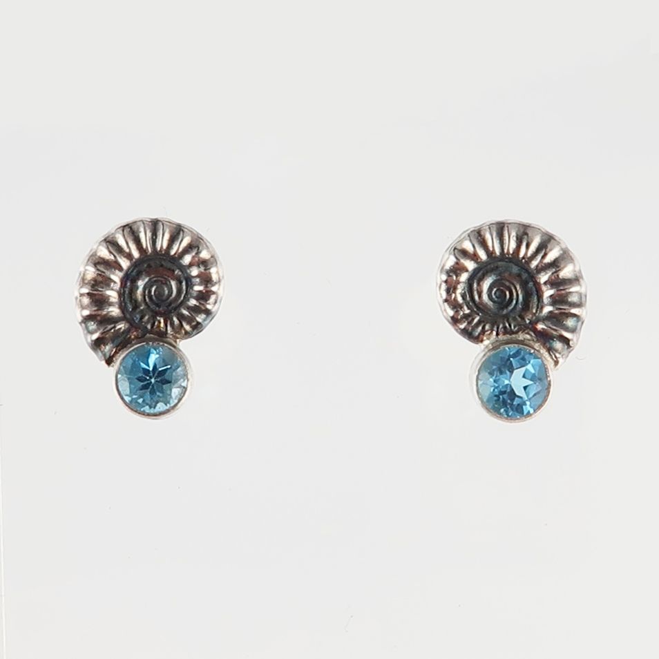 ammonite jewellery; silver ammonite earrings; topaz