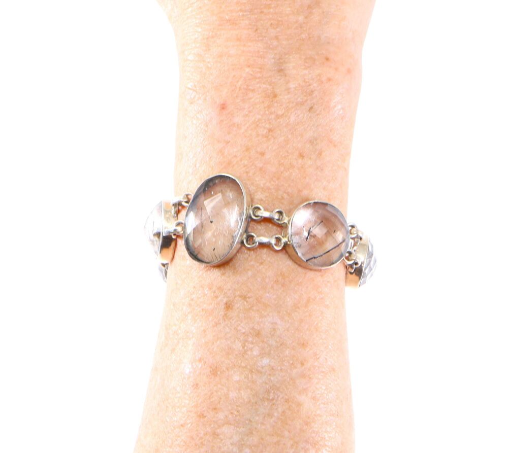 Silver Rutilated Quartz 'T' Bar Bracelet    #2489