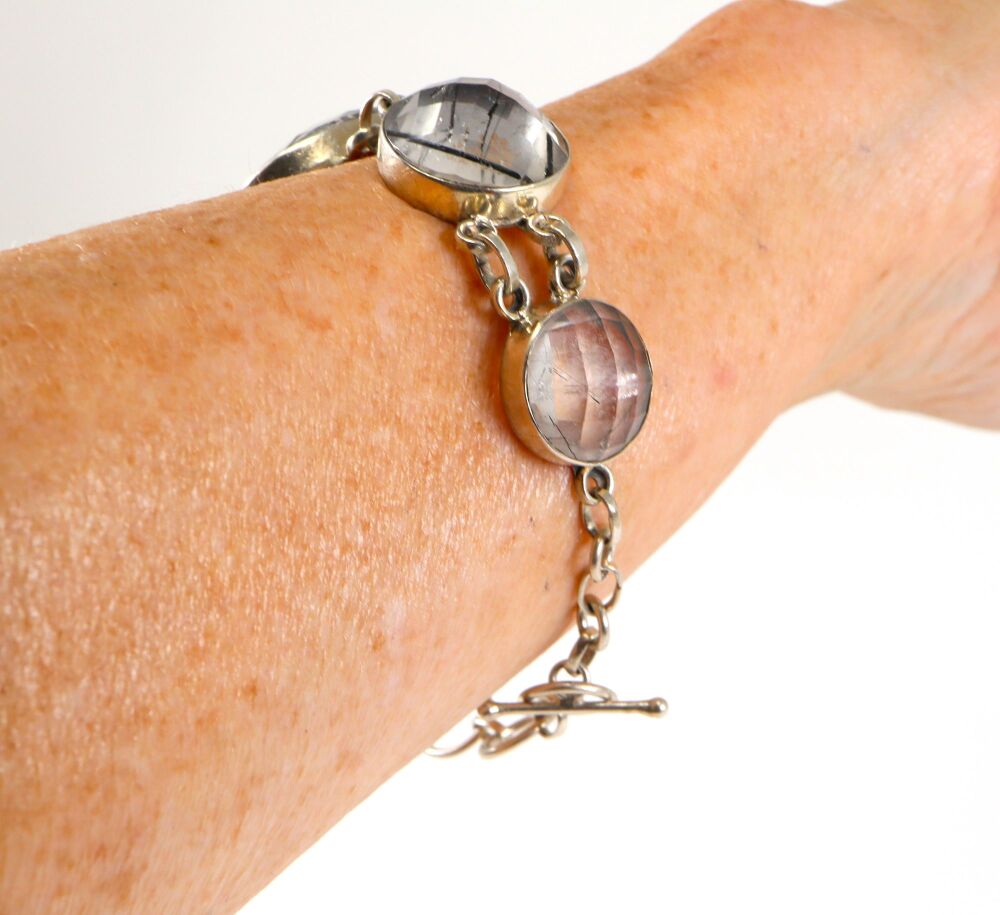 Silver Rutilated Quartz 'T' Bar Bracelet    #2489