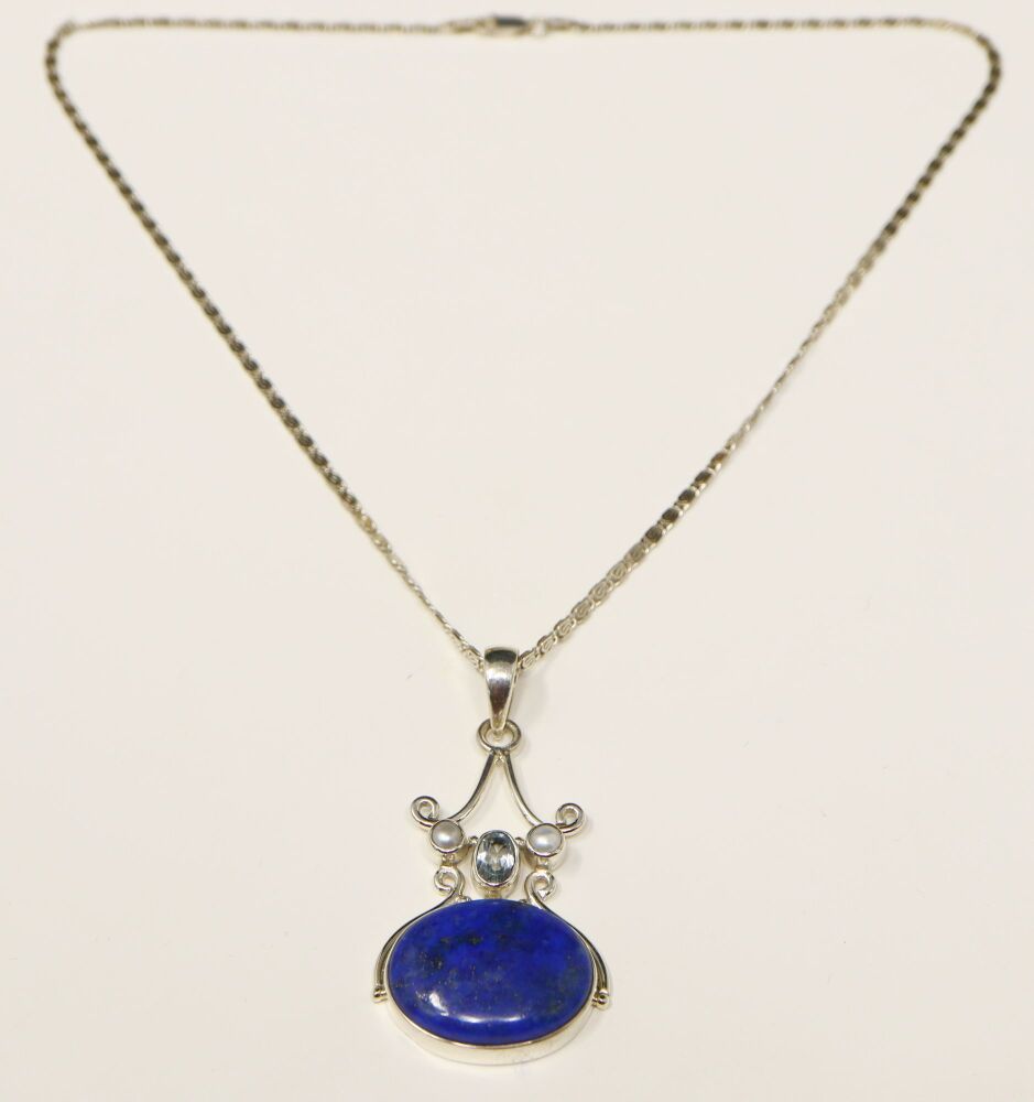 Silver, Lapis Lazuli, Topaz & Pearl Designer Pendant & Chain #2798