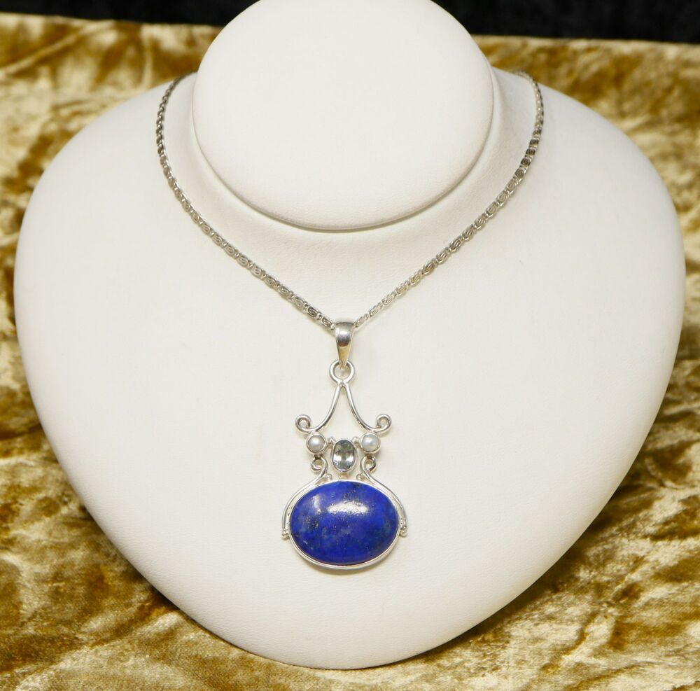 Silver, Lapis Lazuli, Topaz & Pearl Designer Pendant & Chain #2798