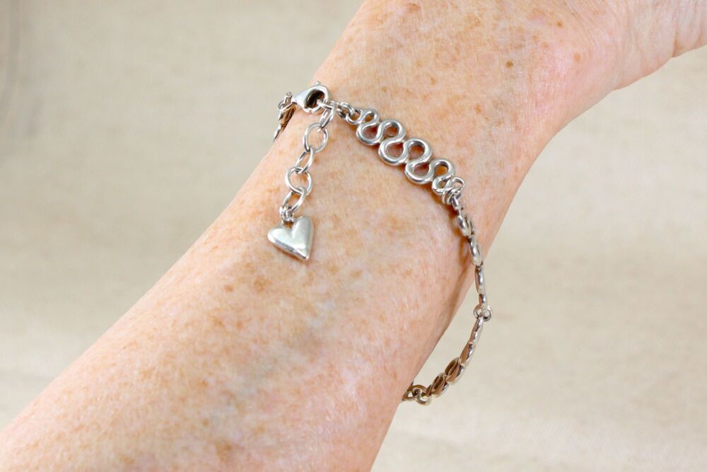 Silver Fancy Link Bracelet with Heart Charm #1123