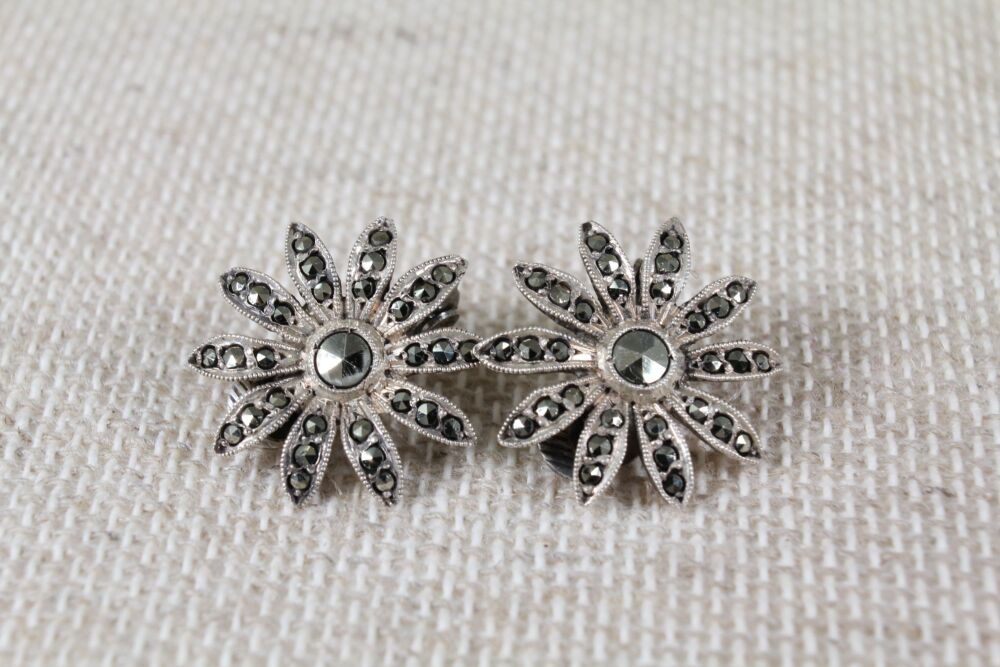 Silver & Marcasite Flower Clip on Earrings #2951