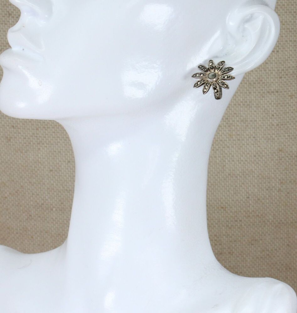 Silver & Marcasite Flower Clip on Earrings #2951