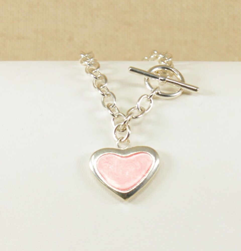 Silver Bracelet with 'T' Bar and Pink Heart Charm #2944