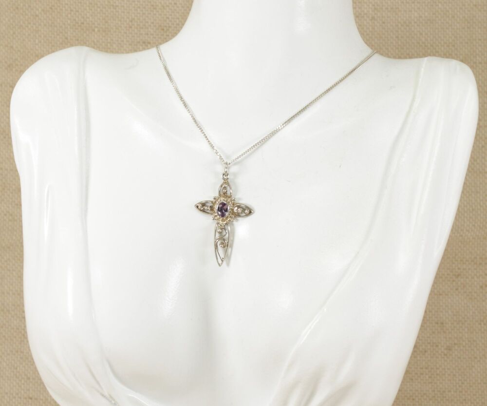 Vintage Silver & Amethyst Cross Pendant & Chain  #1310