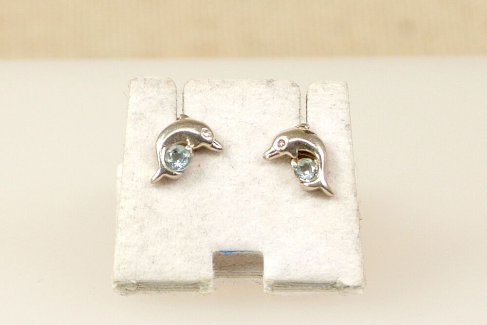 Silver & Blue Topaz Dolphin Stud Earrings  #1644