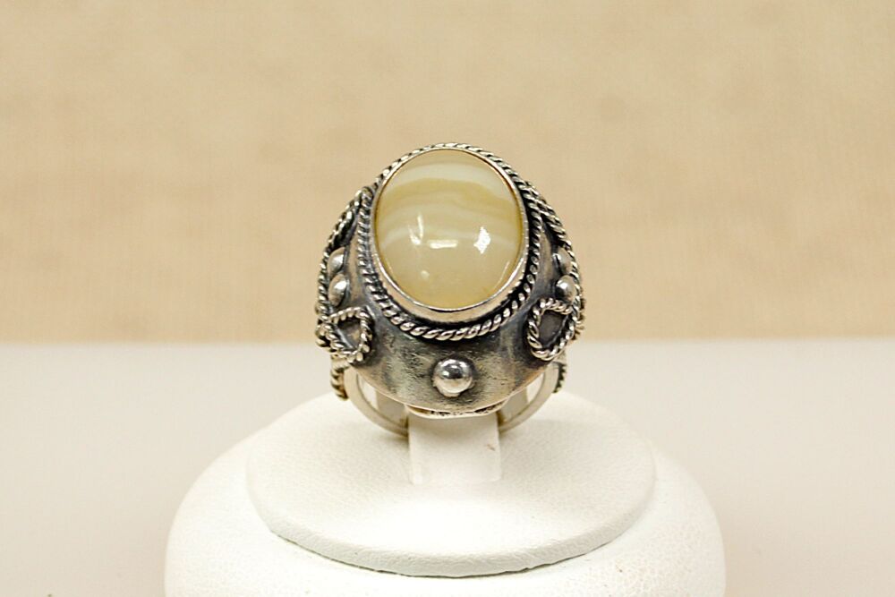 Silver & Banded Agate Designer Ring  #3092