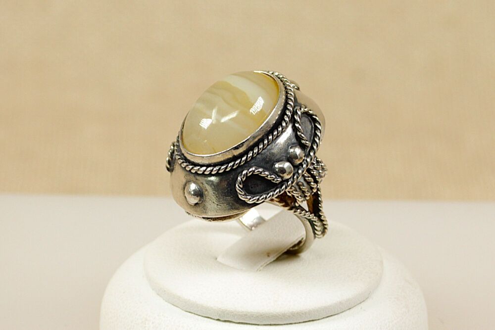 Silver & Banded Agate Designer Ring  #3092