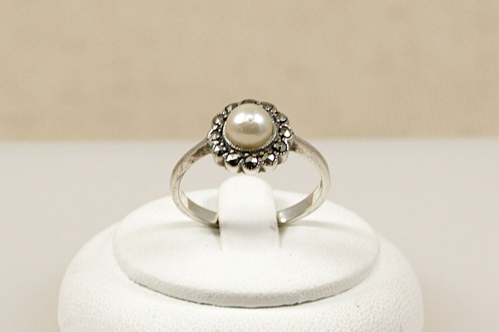 Silver, Marcasite & Faux Pearl Ring  #3008