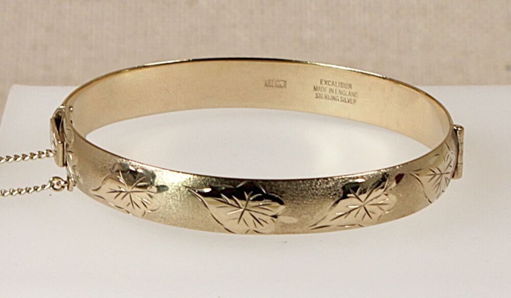 Vintage Gold Plated Solid Silver Hinged Bangle  #3104