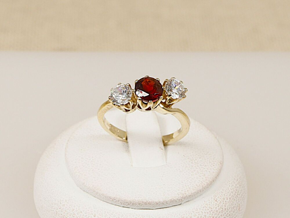 9ct Gold Garnet & Cubic Zirconia Trilogy Ring  #3516