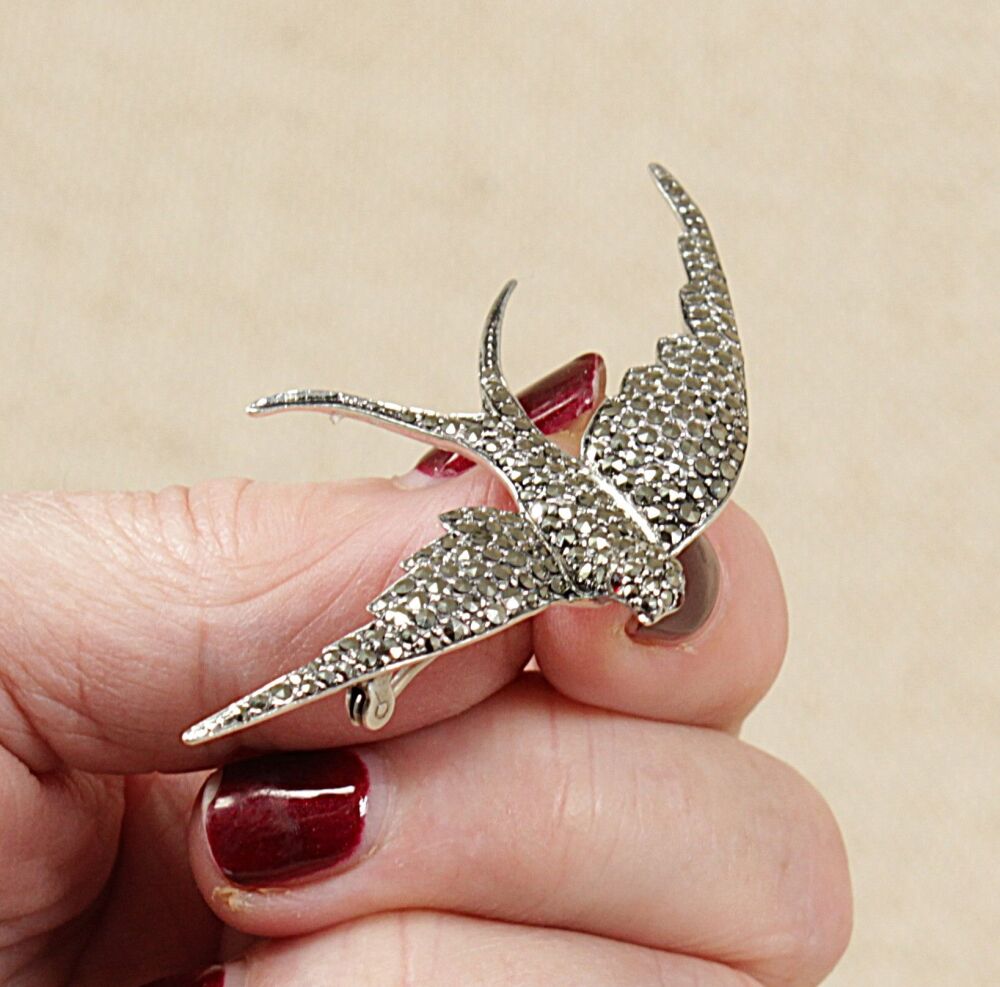 Vintage Silver & Marcasite Swallow Brooch  #3651