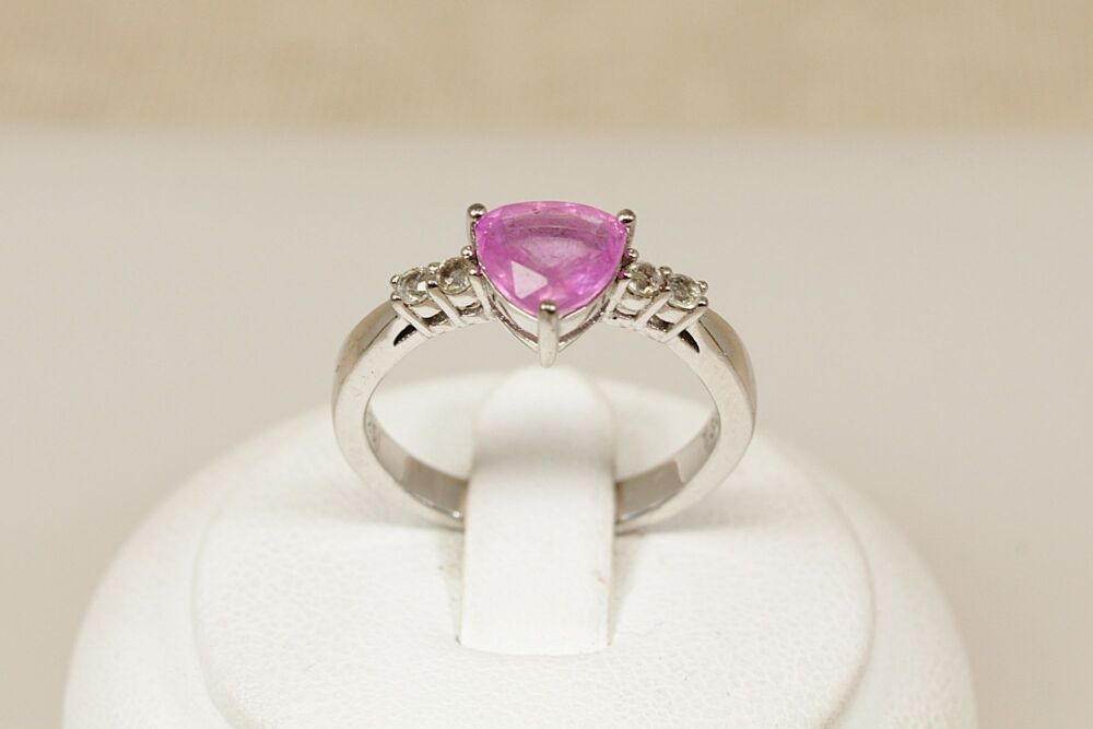 Silver & Pink Sapphire Trillion cut Solitaire Ring    #3719