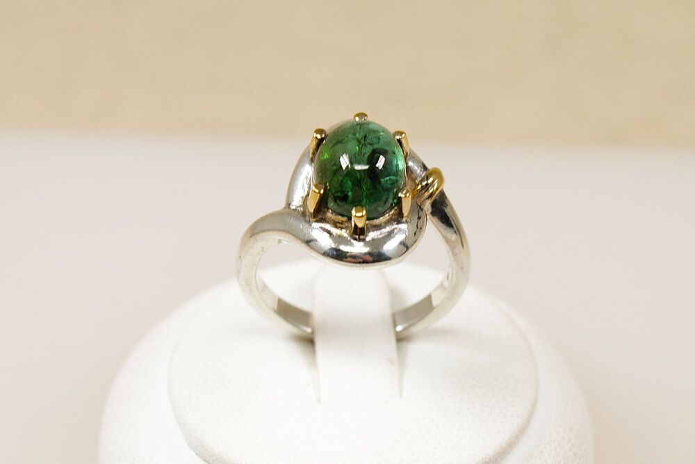 Silver & Gold Cabochon Tourmaline Designer Ring   #3781