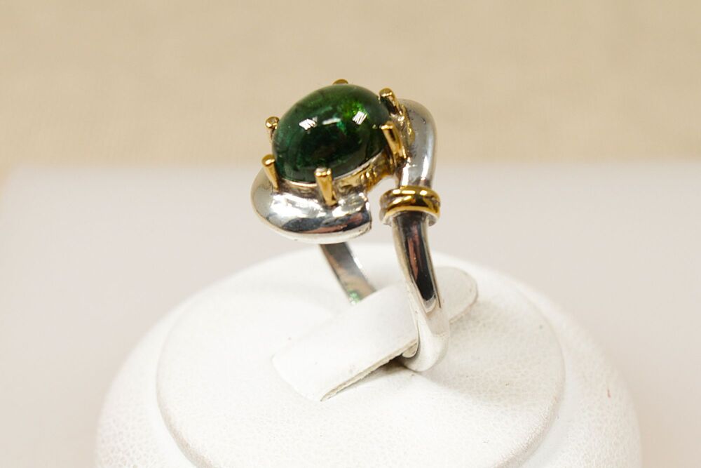 Silver & Gold Cabochon Tourmaline Designer Ring   #3781