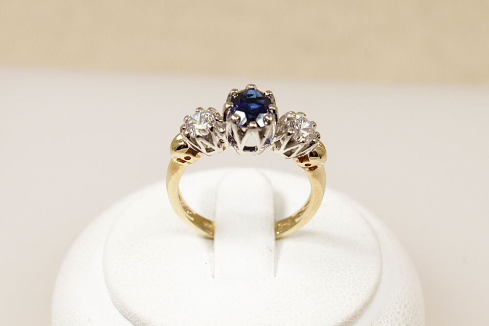 9ct Gold Sapphire & Cubic Zirconia Trilogy Ring    #3819