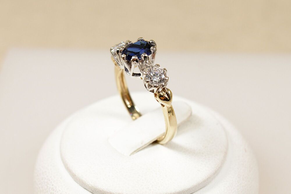 9ct Gold Sapphire & Cubic Zirconia Trilogy Ring    #3819