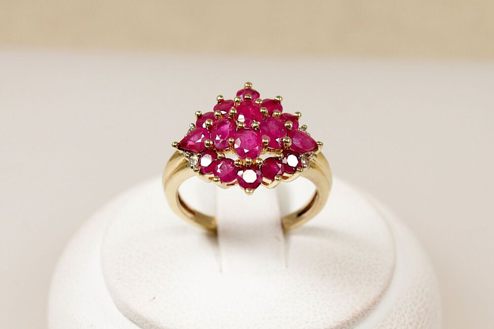 9ct Gold & Ruby Cluster Ring with Diamond Accents  #3825