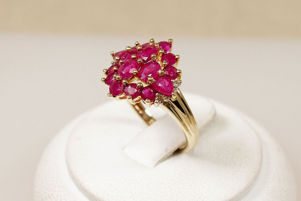 9ct Gold & Ruby Cluster Ring with Diamond Accents  #3825