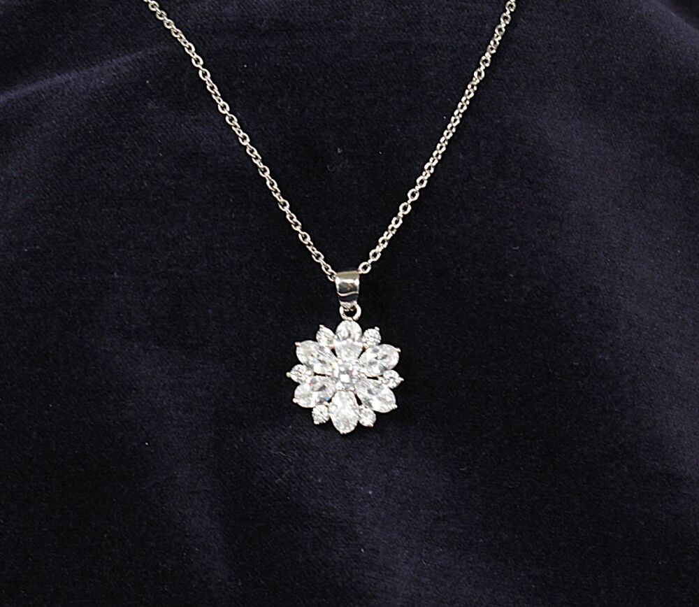 Silver Cubic Zirconia Flower Pendant & Chain  #3736