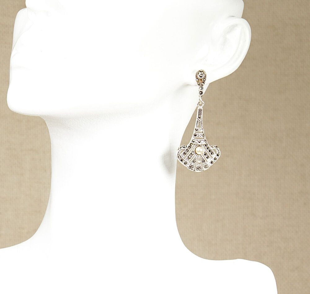 Silver Art Deco style Marcasite and Pearl Earrings   #3892