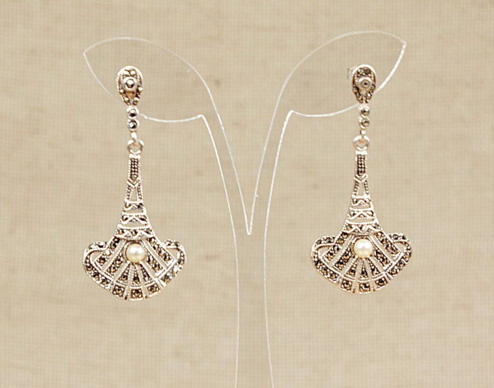 Silver Art Deco style Marcasite and Pearl Earrings   #3892