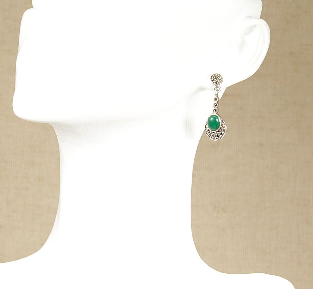 Silver Malachite & Marcasite Drop Earrings   #3893