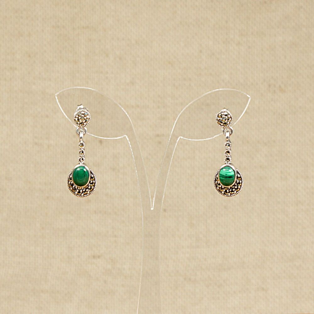 Silver Malachite & Marcasite Drop Earrings   #3893