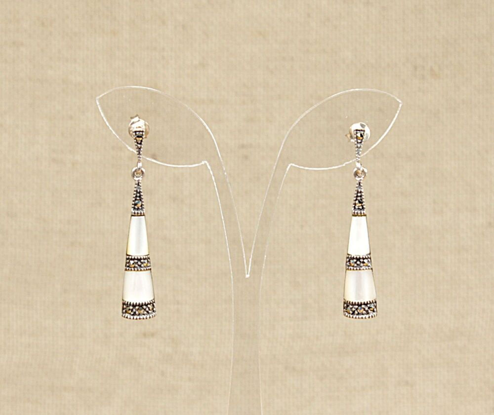 Silver, Marcasite and Mother of Pearl Drop Earrings   #3894