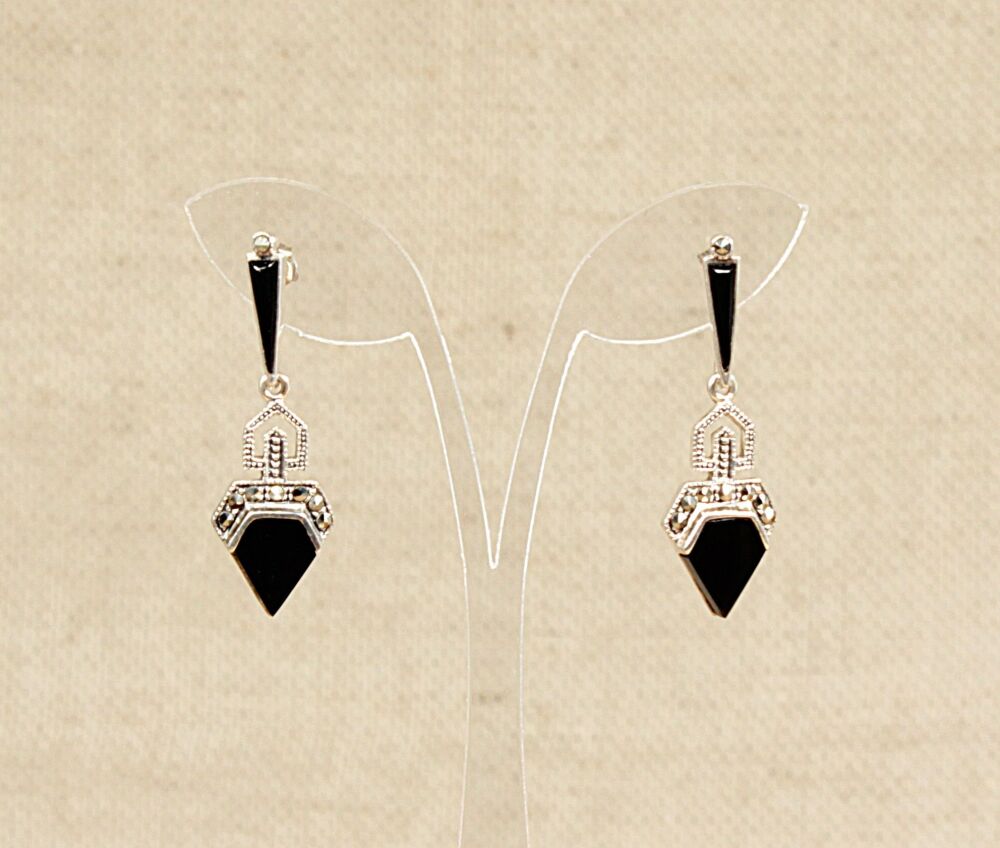 Silver Art Deco style Onyx and Marcasite Drop Earrings   #3896