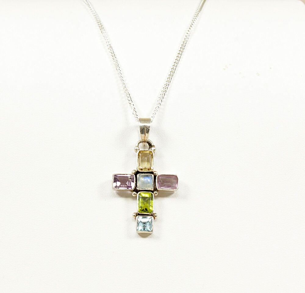 Silver Gem Set Cross Pendant & Chain  #3926