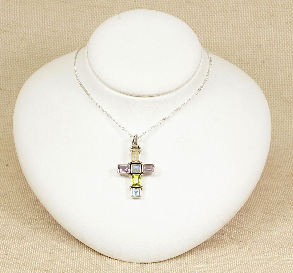 Silver Gem Set Cross Pendant & Chain  #3926