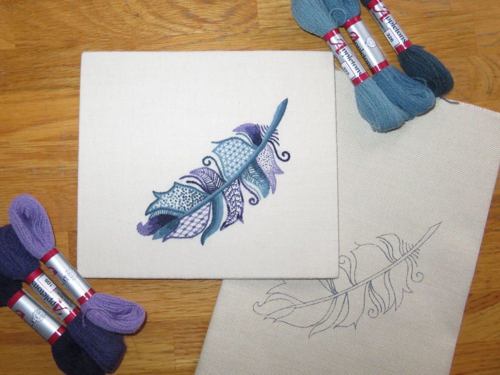 Blue Jay Feather crewel work embroidery kit.
