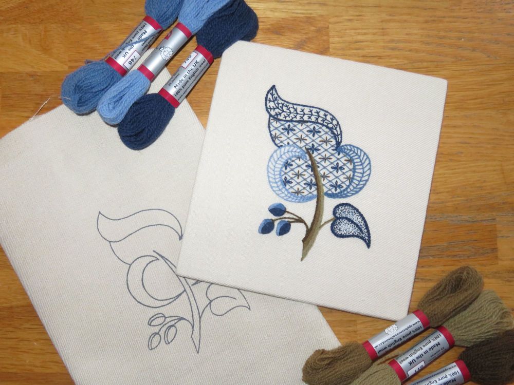 Blue Leaf crewel work embroidery kit.