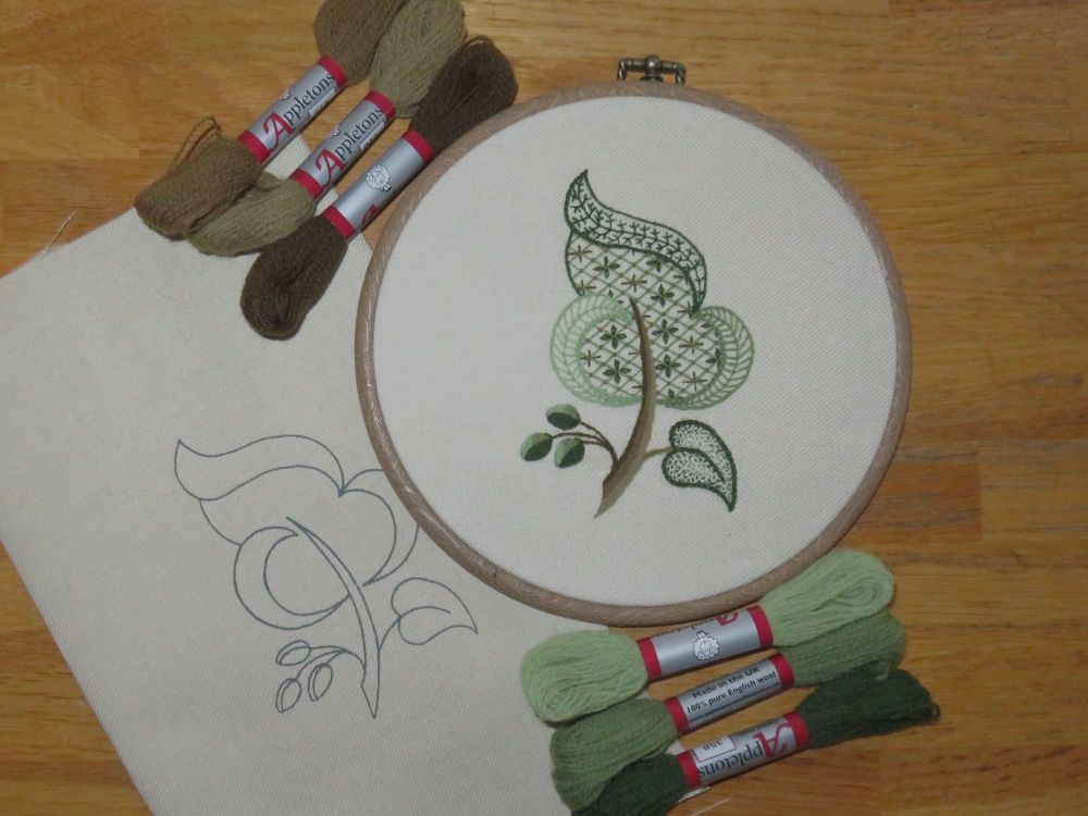 Green Leaf crewel work embroidery kit.