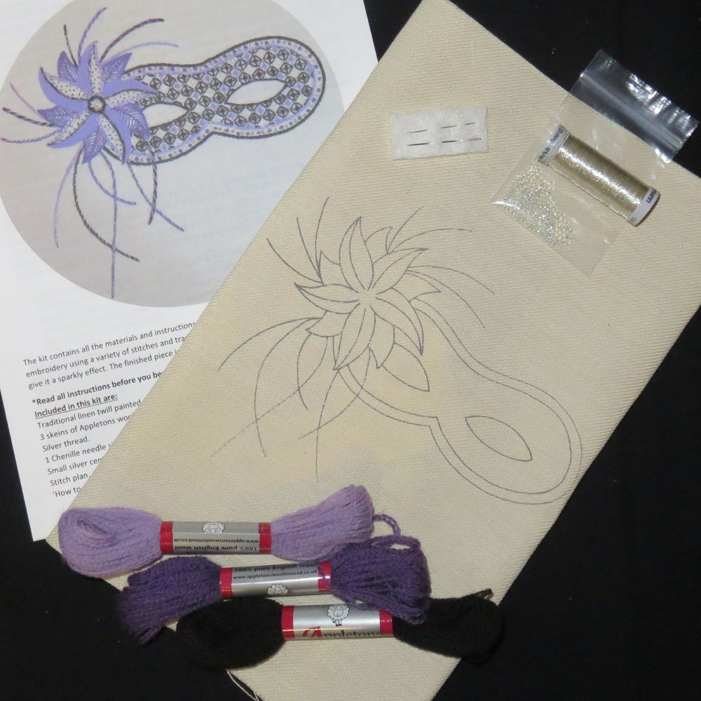 Harlequin Mask in purple embroidery kit.