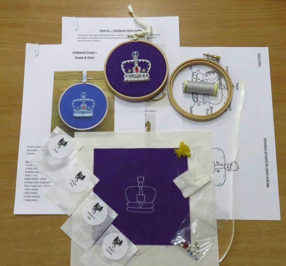 Silver Crown on Purple Goldwork and Bead Embroidery Kit.