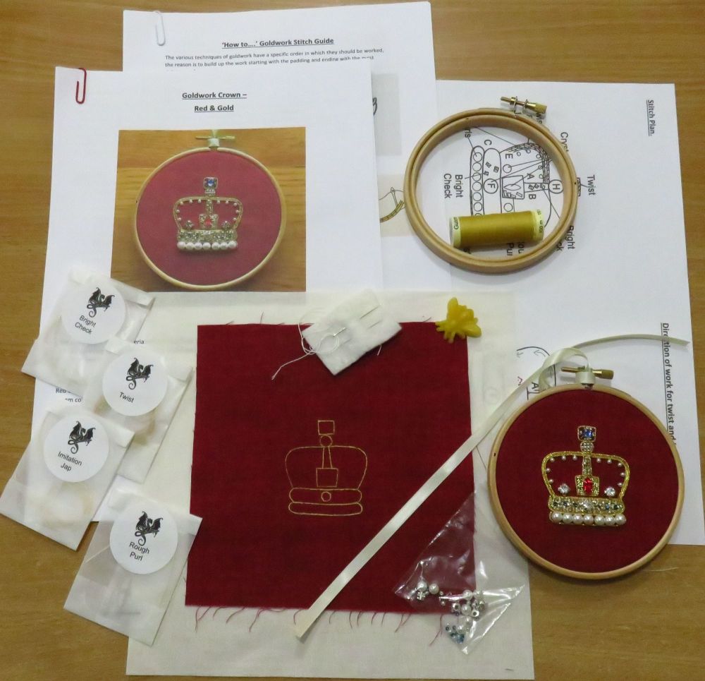 Gold Crown on Red, Goldwork and Bead Embroidery Kit.